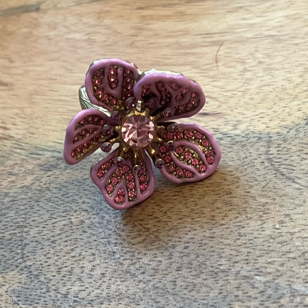 Oscar de la Renta Pink Floral Flower Statement Ring Size 6 Crystal Enamel Resin - Picture 10 of 13